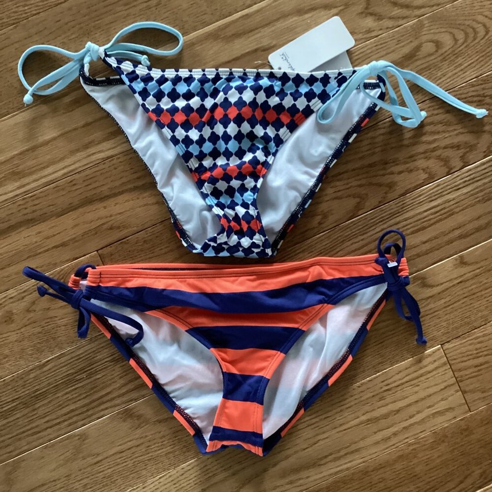 NWT Splendid 2 Pair Side Tie Hipster Bikini Bottoms M MOSAIC STRIPE PREPPY BEACH